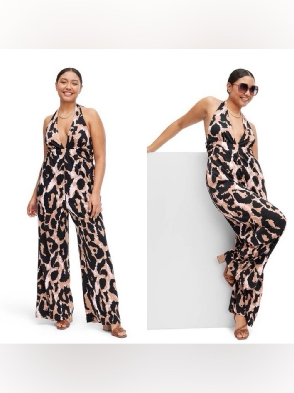 DVF for Target Pink/Brown/Black Leopard Halter Top Wide Leg Jumpsuit Size XL